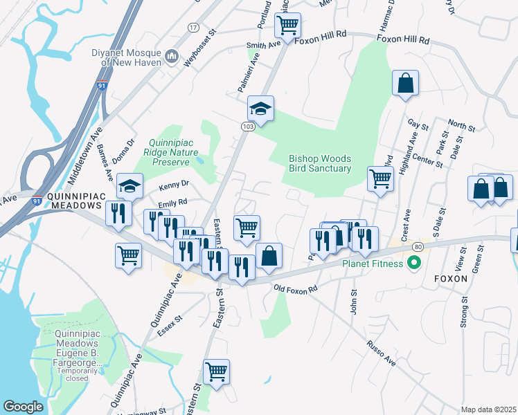 map of restaurants, bars, coffee shops, grocery stores, and more near 1423 Quinnipiac Avenue in New Haven