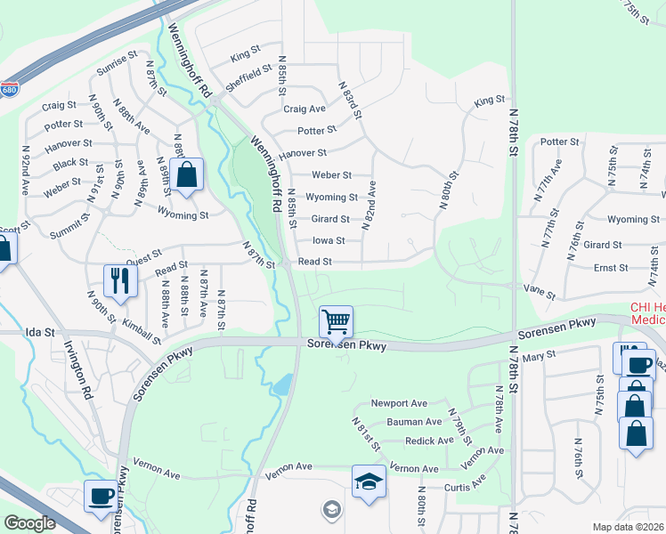 map of restaurants, bars, coffee shops, grocery stores, and more near 8307 Read Street in Omaha