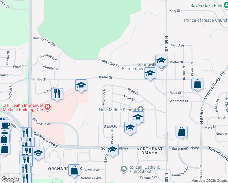 map of restaurants, bars, coffee shops, grocery stores, and more near 6438 Vane Street in Omaha