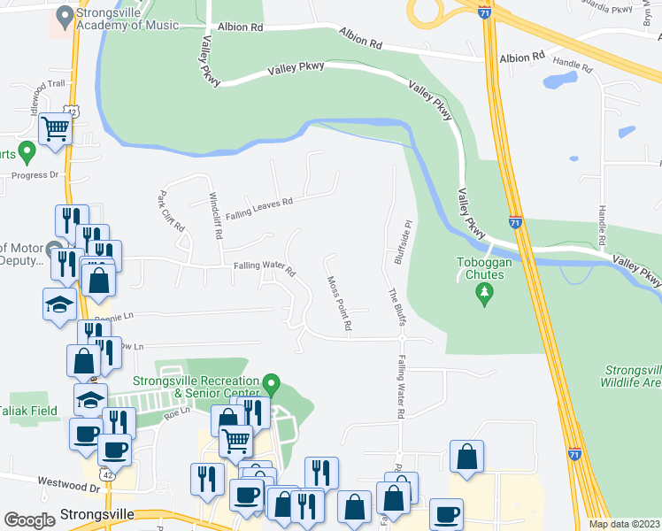 map of restaurants, bars, coffee shops, grocery stores, and more near 12243 Moss Point Road in Strongsville