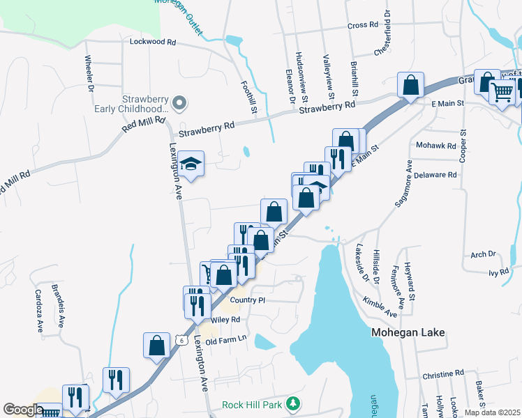 map of restaurants, bars, coffee shops, grocery stores, and more near 1715 Clover Road in Mohegan Lake
