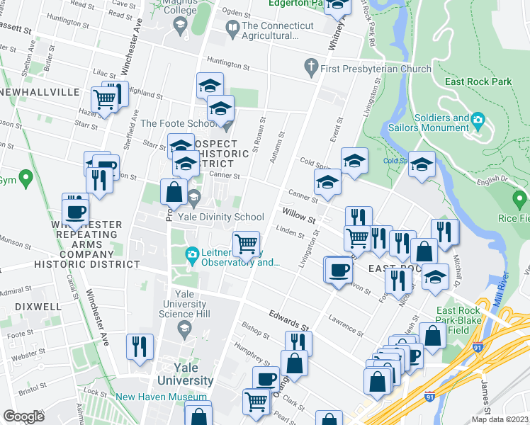 map of restaurants, bars, coffee shops, grocery stores, and more near 305 Saint Ronan Street in New Haven