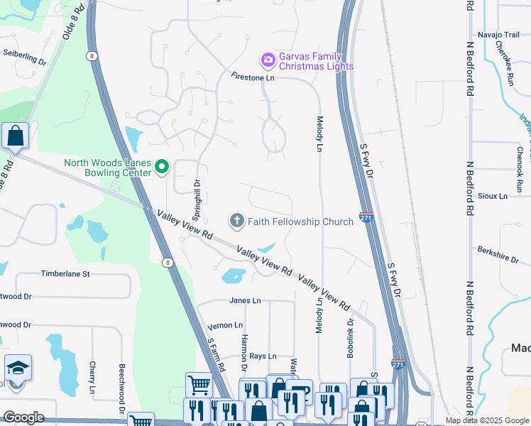 map of restaurants, bars, coffee shops, grocery stores, and more near 359 Denali Court in Macedonia