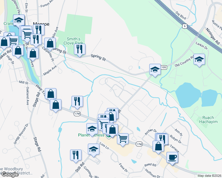 map of restaurants, bars, coffee shops, grocery stores, and more near 30 Pavek Circle in Monroe
