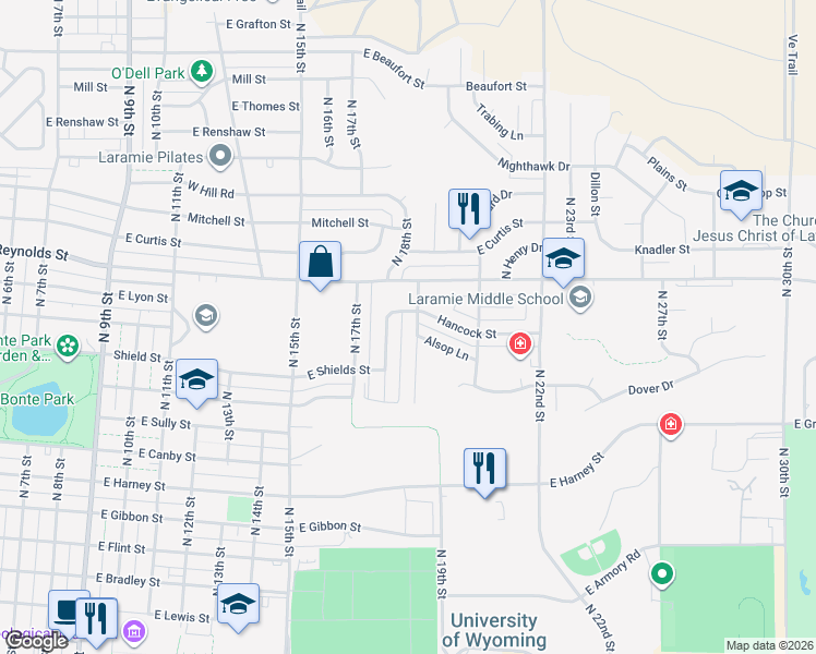 map of restaurants, bars, coffee shops, grocery stores, and more near 1365 North 18th Street in Laramie