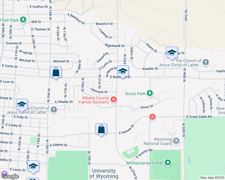 map of restaurants, bars, coffee shops, grocery stores, and more near 2123 Hancock Street in Laramie