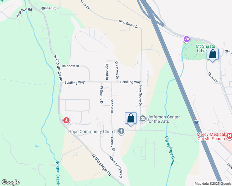 map of restaurants, bars, coffee shops, grocery stores, and more near 1312 Scenic Drive in Mount Shasta