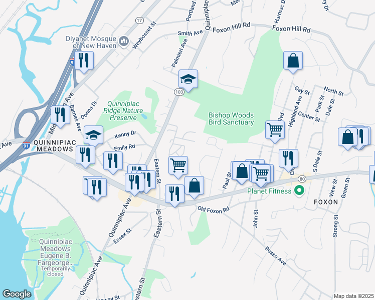 map of restaurants, bars, coffee shops, grocery stores, and more near 1423 Quinnipiac Avenue in New Haven