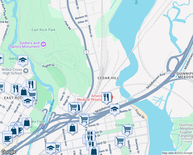 map of restaurants, bars, coffee shops, grocery stores, and more near 1495 State Street in New Haven