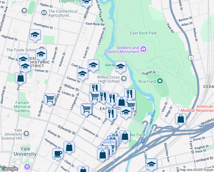 map of restaurants, bars, coffee shops, grocery stores, and more near 847 Orange Street in New Haven