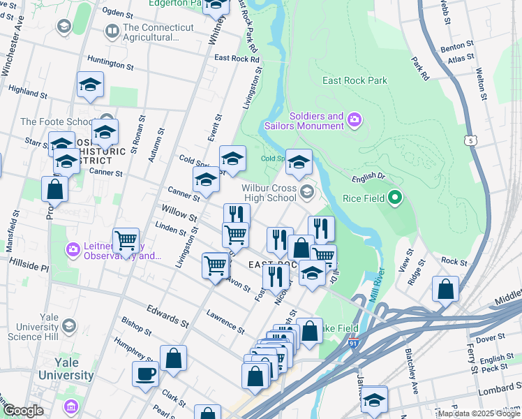 map of restaurants, bars, coffee shops, grocery stores, and more near 847 Orange Street in New Haven