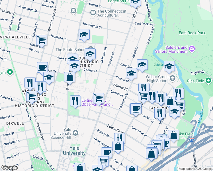 map of restaurants, bars, coffee shops, grocery stores, and more near 305 Saint Ronan Street in New Haven