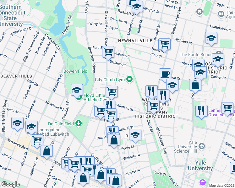 map of restaurants, bars, coffee shops, grocery stores, and more near 13-71 Shelton Avenue in New Haven