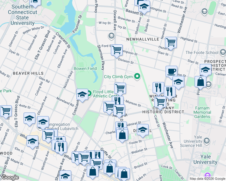 map of restaurants, bars, coffee shops, grocery stores, and more near 525 Sherman Parkway in New Haven