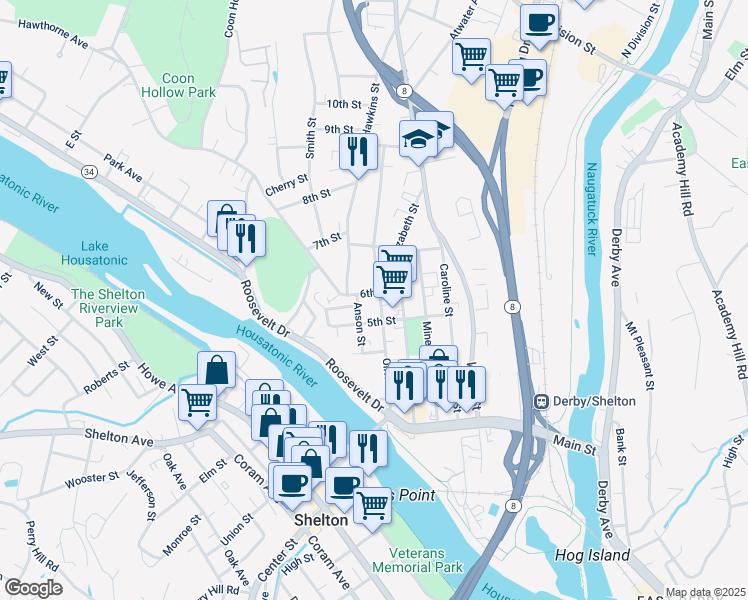 map of restaurants, bars, coffee shops, grocery stores, and more near 151 Olivia Street in Derby