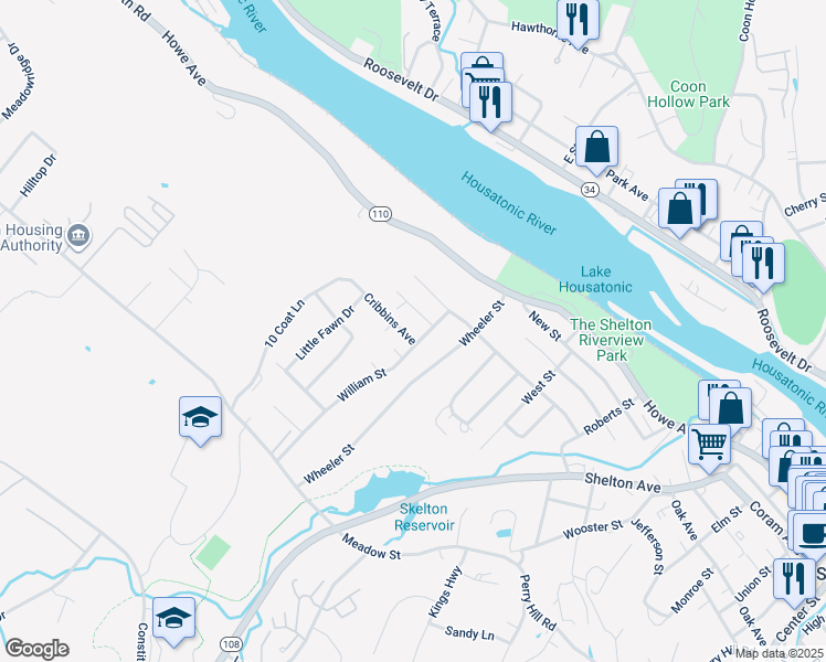 map of restaurants, bars, coffee shops, grocery stores, and more near 3 Cribbins Avenue in Shelton