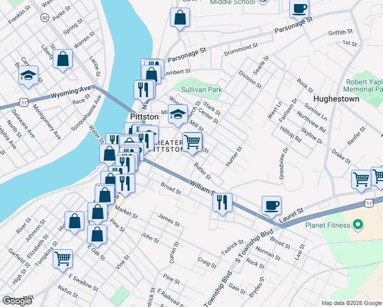 map of restaurants, bars, coffee shops, grocery stores, and more near 84 Butler Street in Pittston
