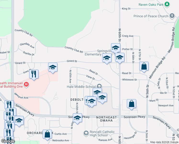 map of restaurants, bars, coffee shops, grocery stores, and more near 6348 Vane Street in Omaha