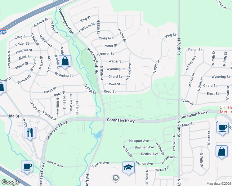 map of restaurants, bars, coffee shops, grocery stores, and more near 8307 Read Street in Omaha