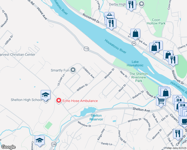 map of restaurants, bars, coffee shops, grocery stores, and more near 3 Cribbins Avenue in Shelton