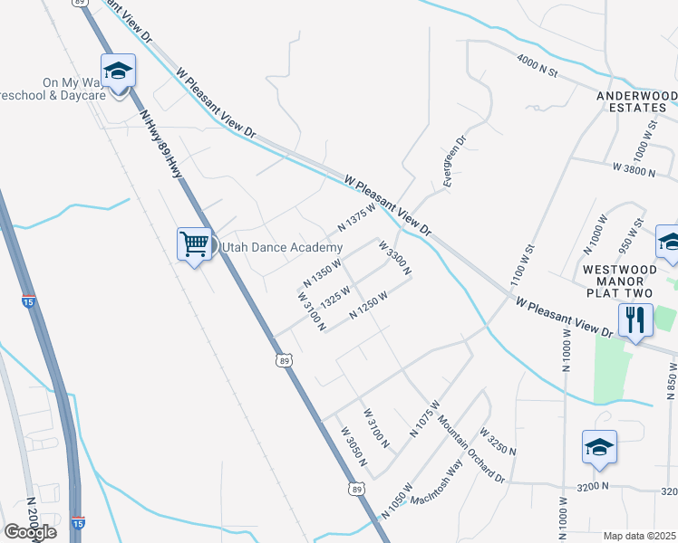 map of restaurants, bars, coffee shops, grocery stores, and more near 3196 North 1350 West in Pleasant View
