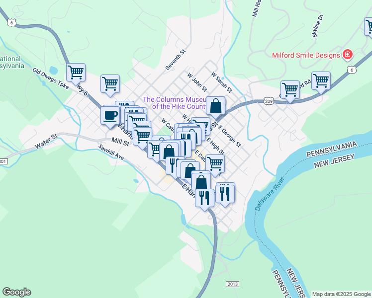 map of restaurants, bars, coffee shops, grocery stores, and more near 312 Broad Street in Milford