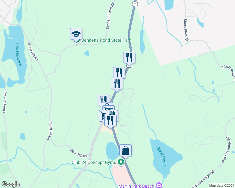 map of restaurants, bars, coffee shops, grocery stores, and more near 632 Danbury Road in Ridgefield