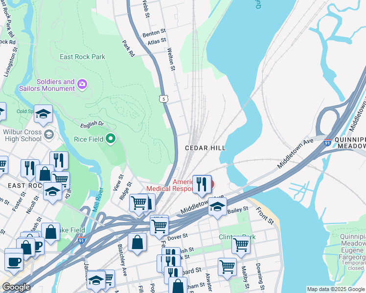 map of restaurants, bars, coffee shops, grocery stores, and more near 1495 State Street in New Haven