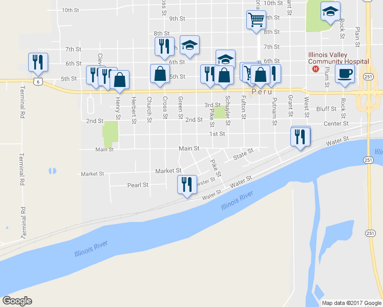 map of restaurants, bars, coffee shops, grocery stores, and more near 313 Calhoun Street in Peru