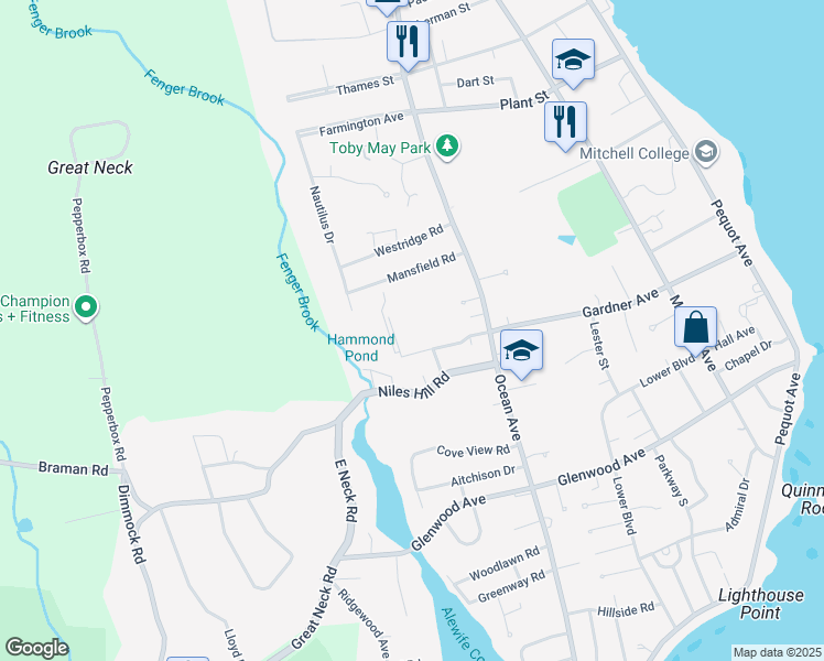 map of restaurants, bars, coffee shops, grocery stores, and more near 281 Gardner Avenue in New London