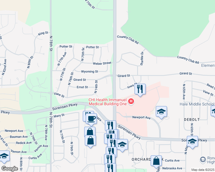map of restaurants, bars, coffee shops, grocery stores, and more near 7205 North 73rd Plaza Circle in Omaha