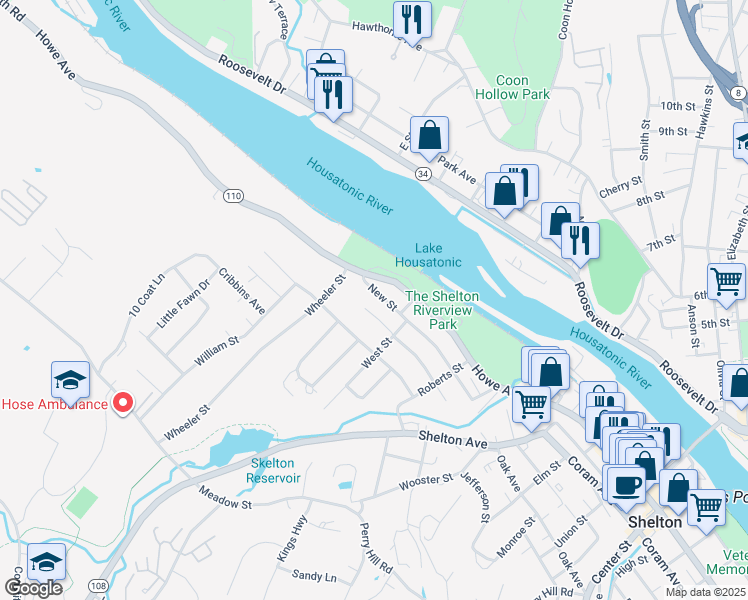 map of restaurants, bars, coffee shops, grocery stores, and more near 126 New Street in Shelton