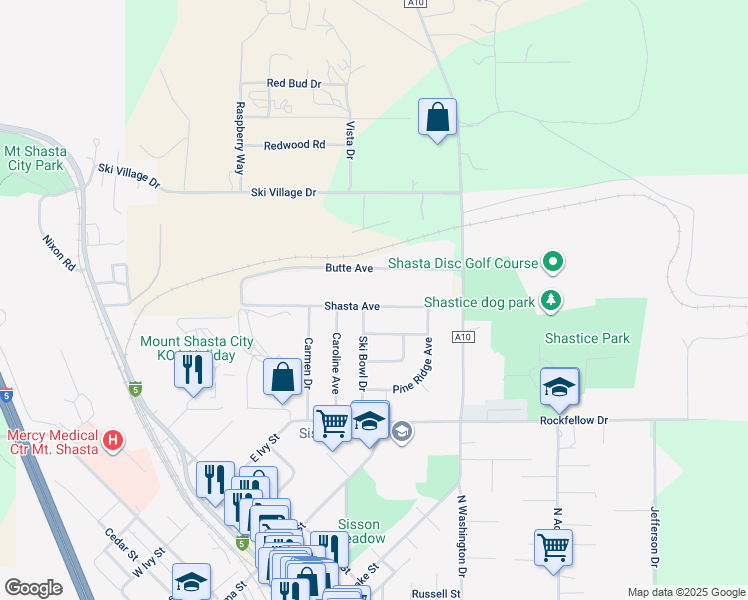 map of restaurants, bars, coffee shops, grocery stores, and more near in Yreka