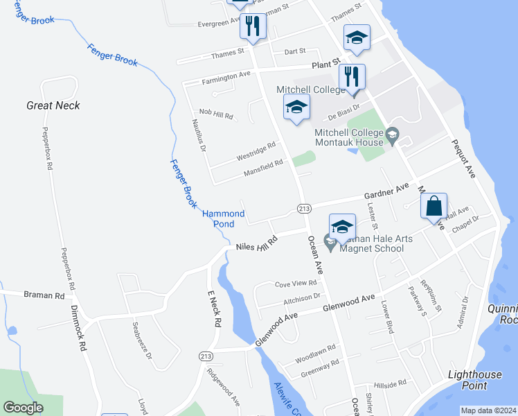 map of restaurants, bars, coffee shops, grocery stores, and more near 281 Gardner Avenue in New London