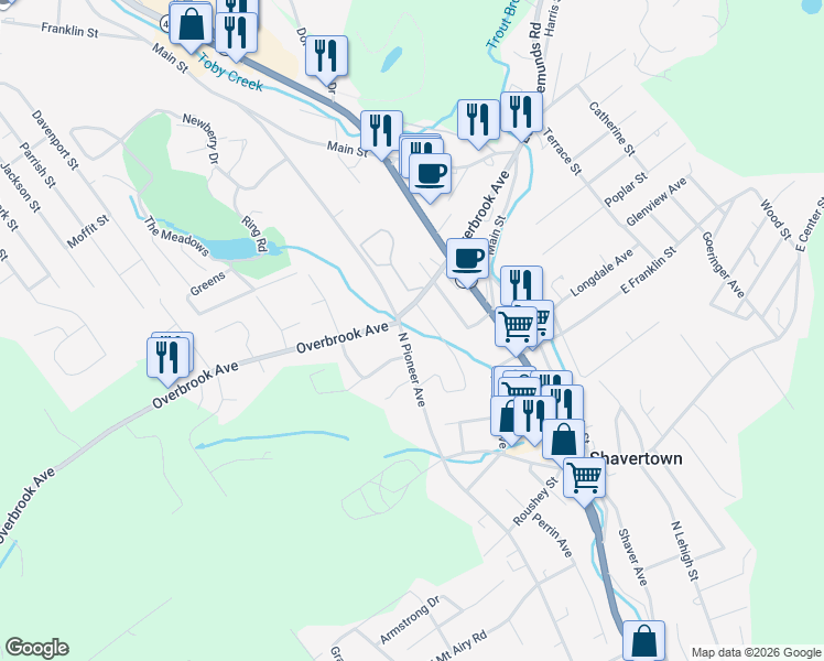 map of restaurants, bars, coffee shops, grocery stores, and more near 257 North Pioneer Avenue in Shavertown