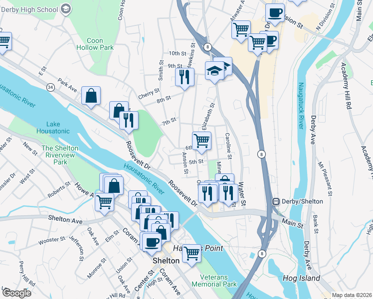 map of restaurants, bars, coffee shops, grocery stores, and more near 57 Anson Street in Derby