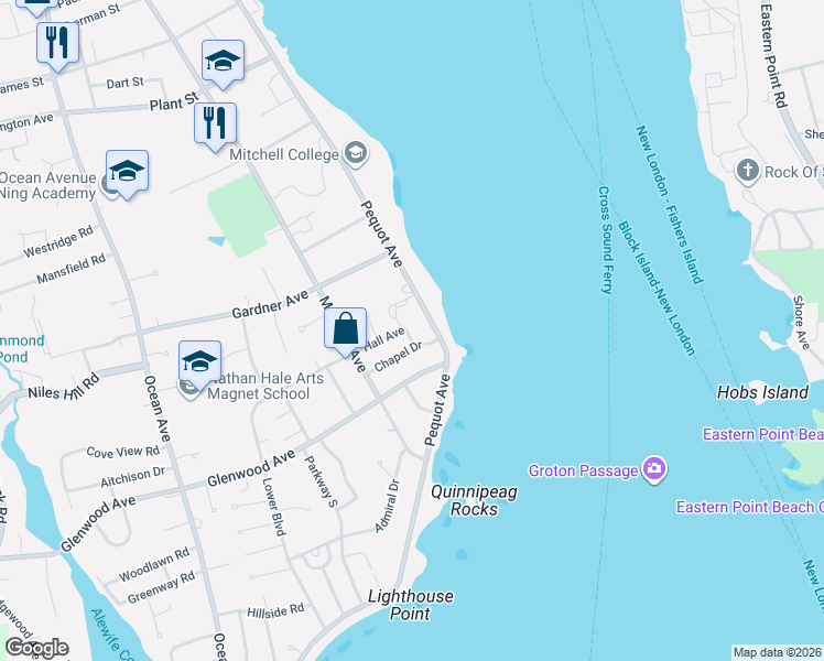 map of restaurants, bars, coffee shops, grocery stores, and more near 17 Chapel Drive in New London