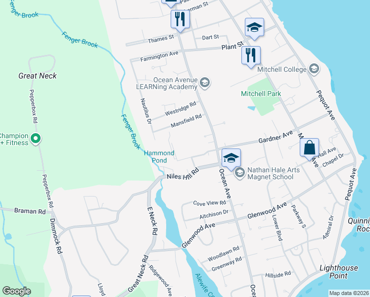 map of restaurants, bars, coffee shops, grocery stores, and more near 281 Gardner Avenue in New London