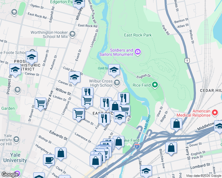 map of restaurants, bars, coffee shops, grocery stores, and more near 68 Anderson Street in New Haven