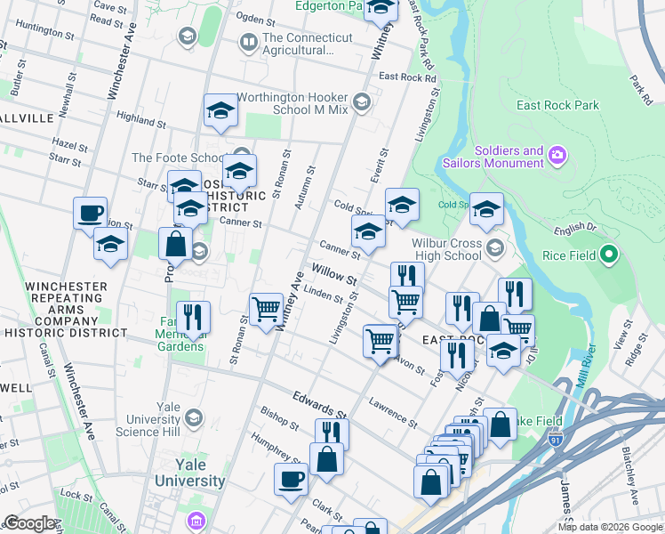 map of restaurants, bars, coffee shops, grocery stores, and more near 329 Willow Street in New Haven