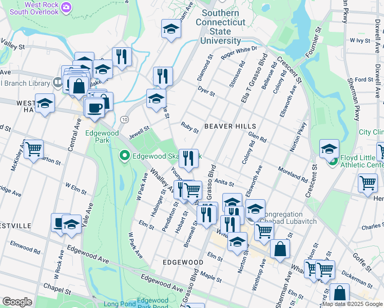 map of restaurants, bars, coffee shops, grocery stores, and more near 71 Osborn Avenue in New Haven