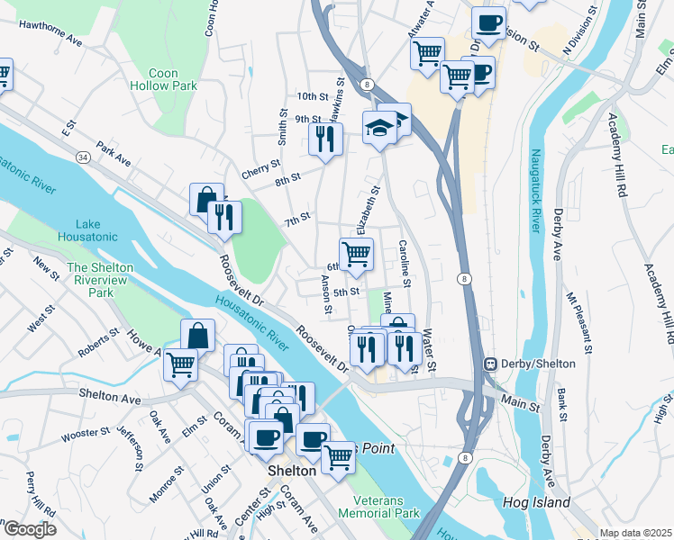 map of restaurants, bars, coffee shops, grocery stores, and more near 151 Olivia Street in Derby