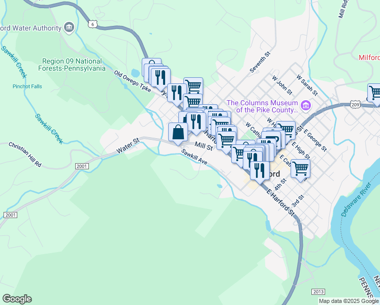 map of restaurants, bars, coffee shops, grocery stores, and more near 188-246 Sawkill Avenue in Milford