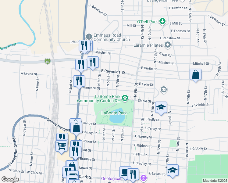map of restaurants, bars, coffee shops, grocery stores, and more near 1263 North 6th Street in Laramie