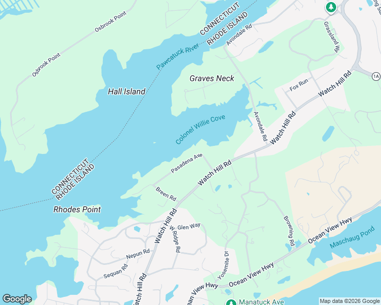 map of restaurants, bars, coffee shops, grocery stores, and more near 23 Pasadena Avenue in Westerly