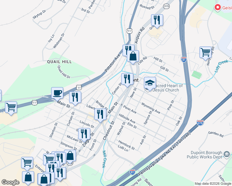 map of restaurants, bars, coffee shops, grocery stores, and more near 240 Main Street in Dupont