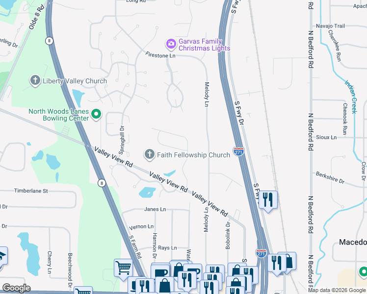 map of restaurants, bars, coffee shops, grocery stores, and more near 391 Denali Court in Macedonia