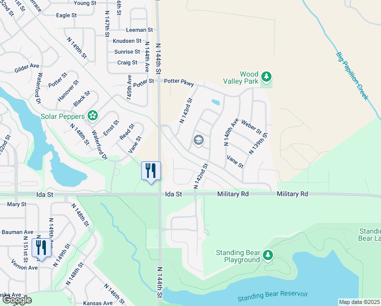 map of restaurants, bars, coffee shops, grocery stores, and more near 14245 Wood Valley Drive in Omaha