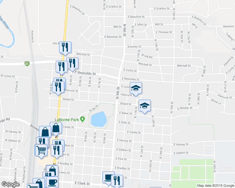 map of restaurants, bars, coffee shops, grocery stores, and more near 1300 North 9th Street in Laramie