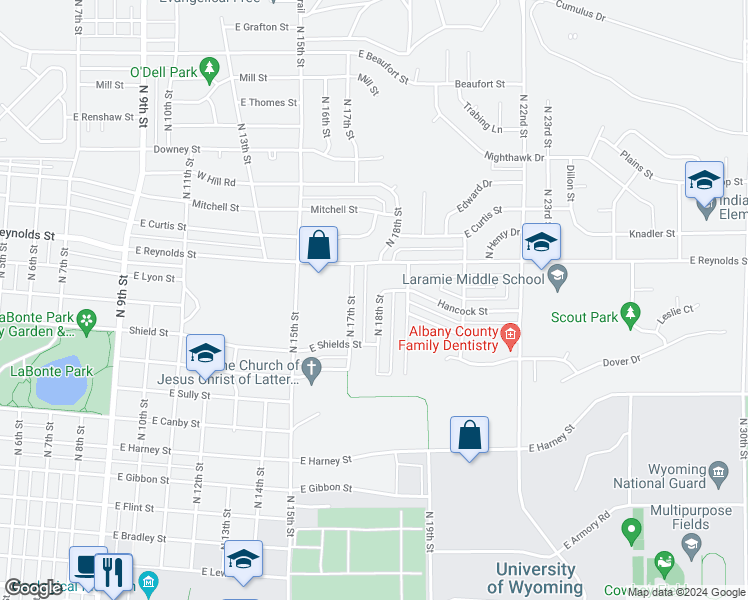 map of restaurants, bars, coffee shops, grocery stores, and more near 1370 North 18th Street in Laramie